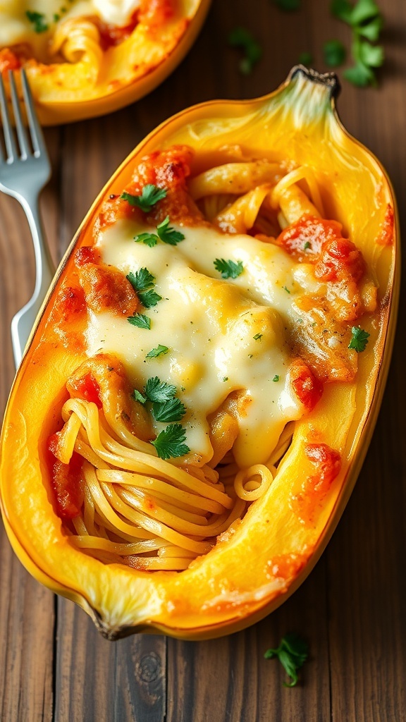 Baked spaghetti squash filled with four cheeses, garnished with parsley, on a wooden table.